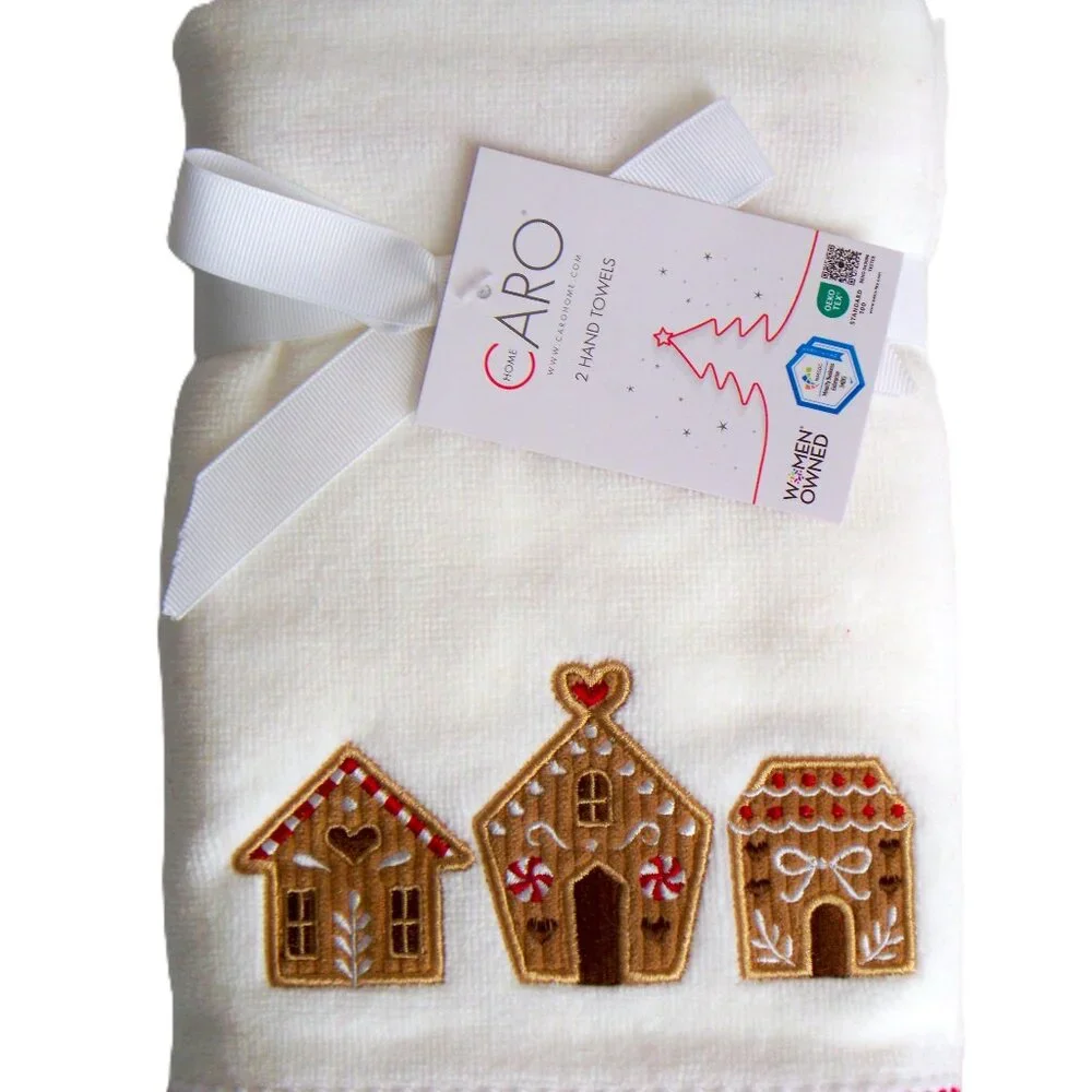 Set of 2 Soft Caro Christmas Gingerbread Themed Hand Towels Cotton NWT